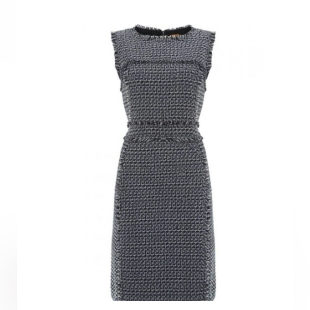Tory Burch Petula Blue Tweed Fringe Sheath Dress, Size 4